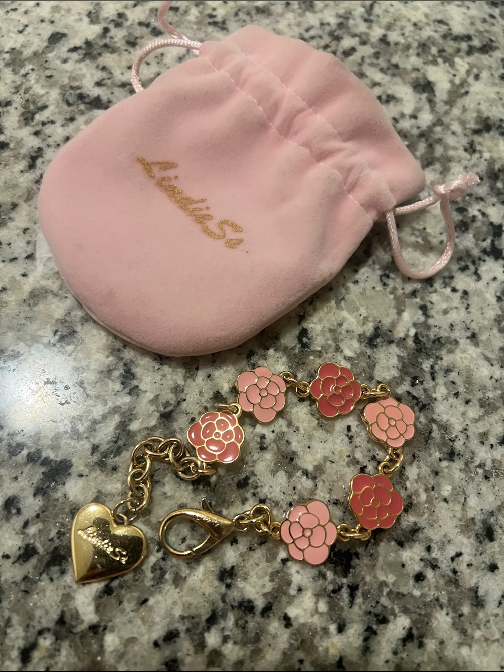 Lindiess 24K gold plated Camellia Love Bracelet with Pink Floral Enamel Charms